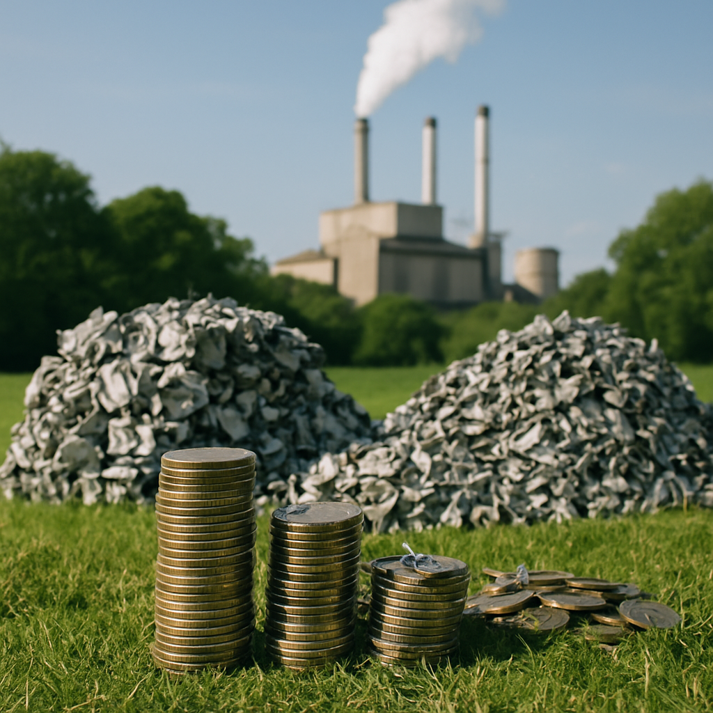 Sustainable Landscape with Factory and Recycled Metal Lush green landscape with a factory in the background emitting clean air, featuring coins stacked near piles of sorted recycled metal in bright daylight.