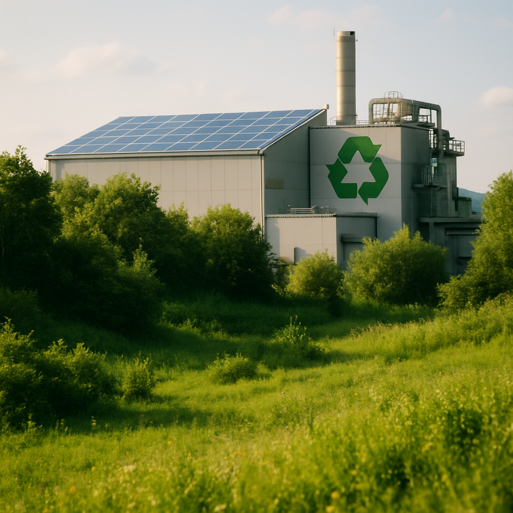 Environmental Progress with Recycling and Solar Energy Lush green landscape with a modern recycling factory in the background, featuring clean air and solar panels, symbolizing environmental progress.
