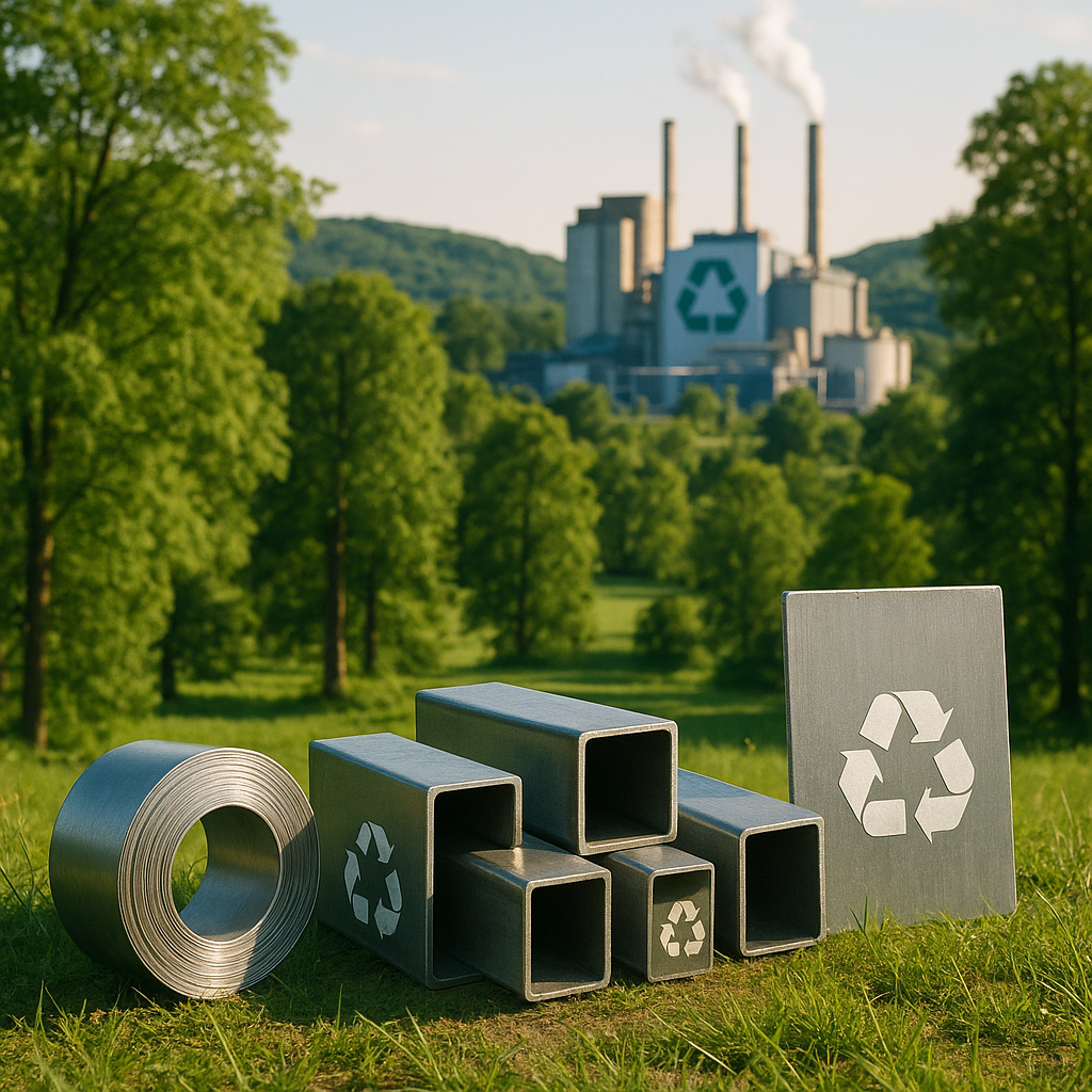 Lush Green Landscape with Recycling Plant Lush green landscape with a recycling plant in the background, showcasing clean air and healthy trees, with steel products featuring recycling symbols in the foreground.