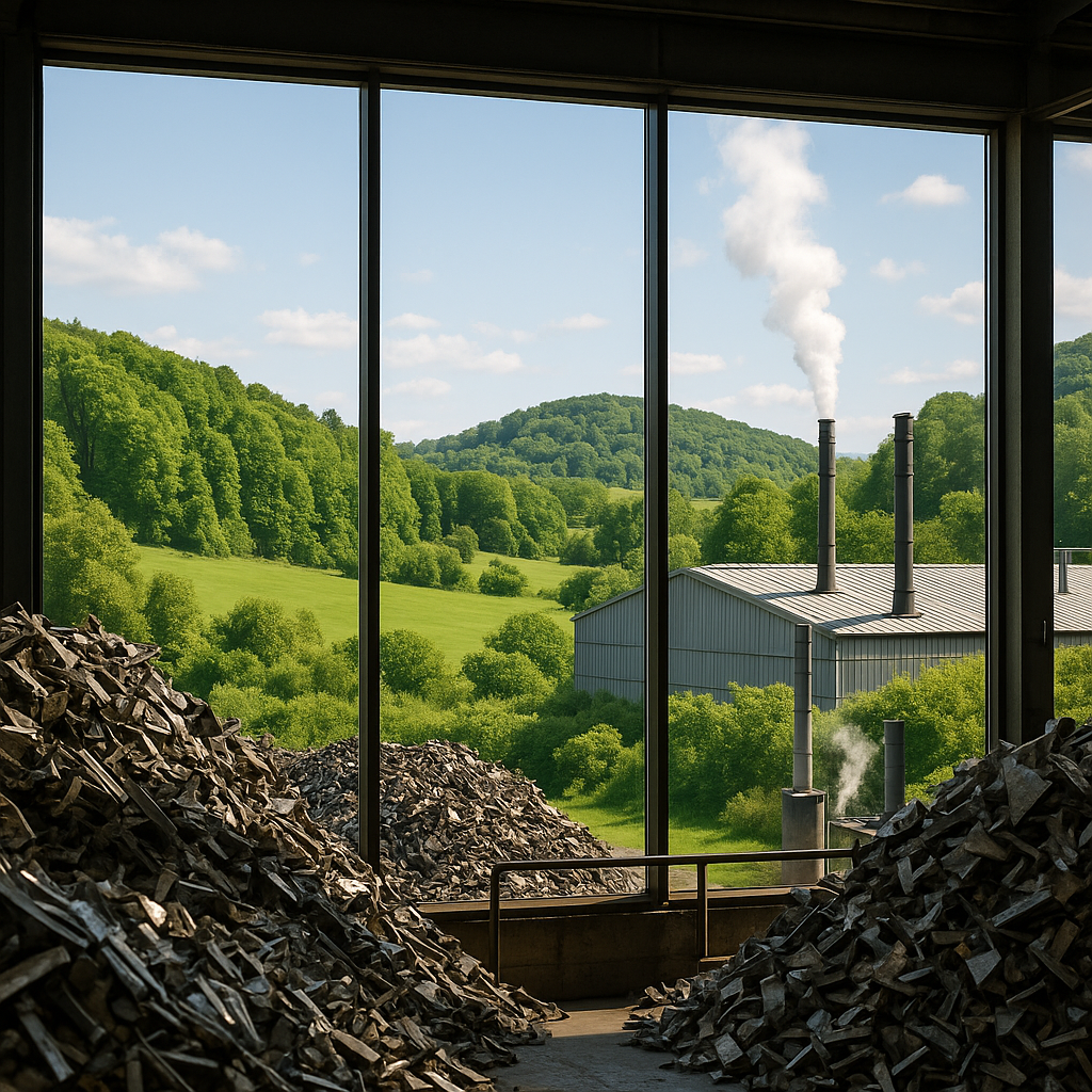 Lush green landscape seen through recycling plant windows with metal scrap piles and clean air from smokestacks.