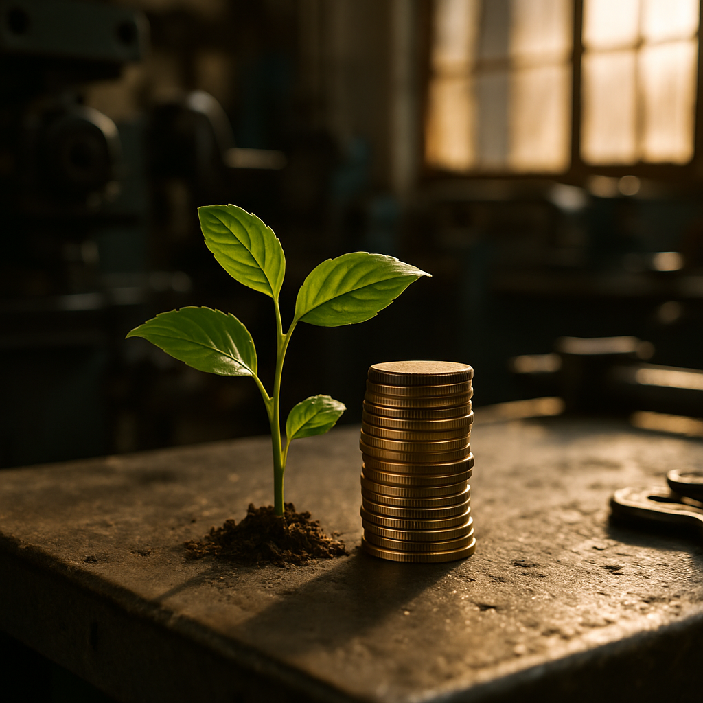 Lush green plant growing beside a stack of coins on a factory workbench with sunlight streaming through the window, symbolizing growth and sustainability.