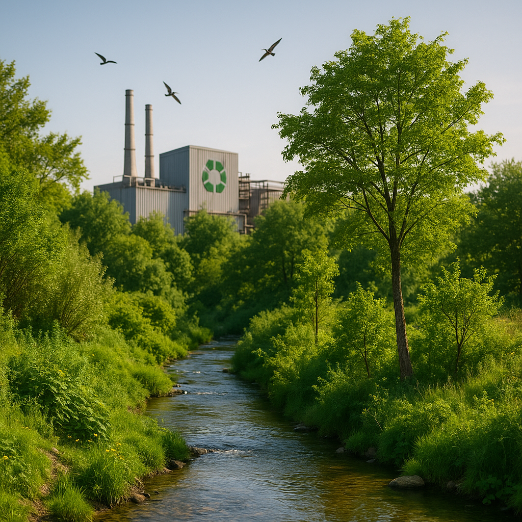 Lush Green Landscape Near Recycling Plant Lush green landscape near recycling plant with thriving trees and a clean water stream, under a blue sky with birds flying, indicating pollution reduction.