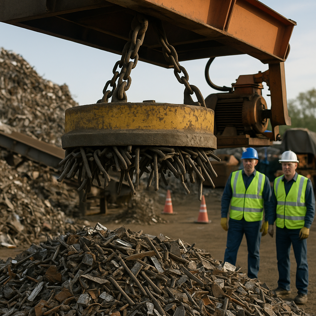 Lifting Iron Scrap with Magnets Machinery using powerful magnets to lift iron pieces from a stream of mixed metal scrap, with workers observing the process.