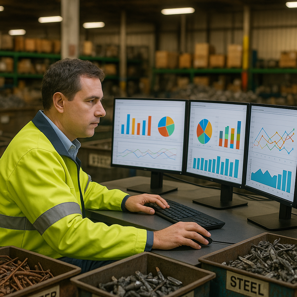 Manager Analyzing Data in Warehouse Manager analyzing colorful data charts and graphs on multiple computer monitors in a busy warehouse surrounded by labeled bins of scrap metal.