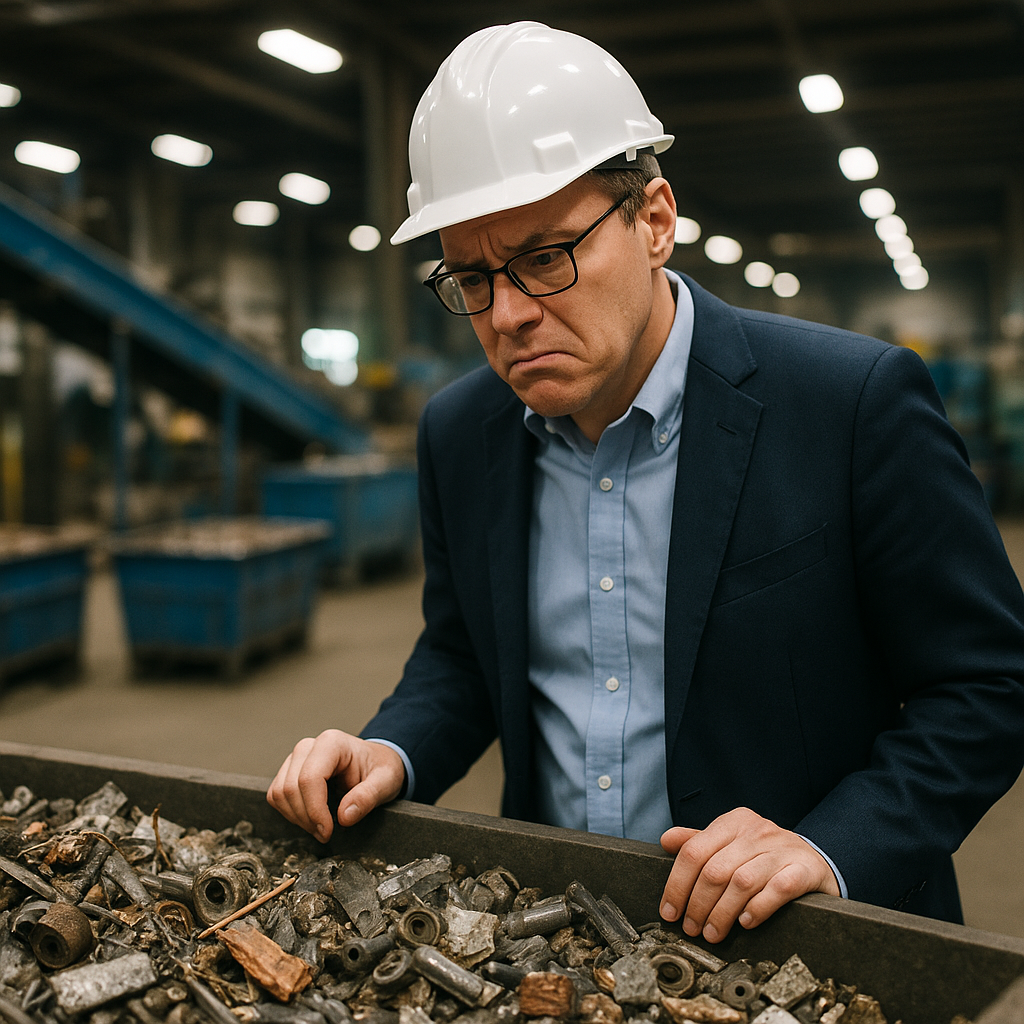 Concerned Manager in Recycling Plant Manager looks concerned while examining mixed and contaminated metals on a sorting table in a busy recycling plant, showcasing uncertain expressions.