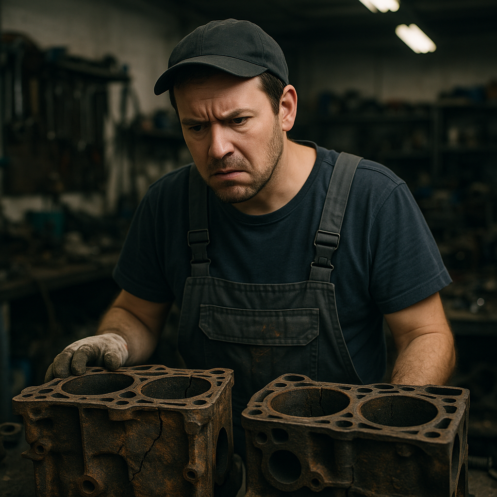 Mechanic Inspecting Damaged Engine Blocks Mechanic examining damaged engine blocks with cracks and rust in a cluttered workshop.