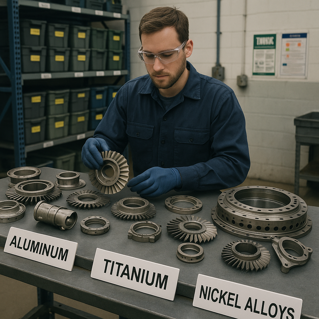 Sorting Aircraft Engine Parts for Recycling Technician sorting labeled aluminum, titanium, and nickel alloys among various metal aircraft engine parts in a recycling facility under bright industrial lighting.