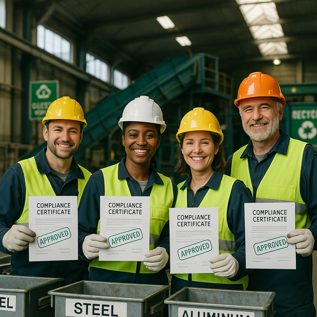 Metal Recyclers with Compliance Certificates Team of metal recyclers holding compliance certificates in a recycling plant with labeled metal bins.
