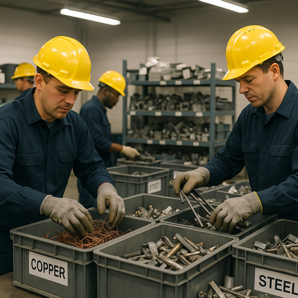 Organizing Metallic Scrap in Recycling Facility Workers sorting and organizing metallic scrap in a clean recycling facility
