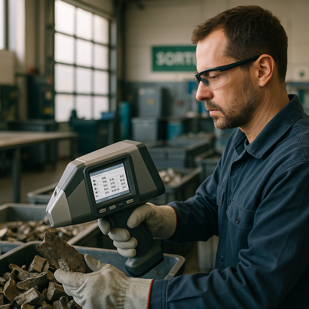 Advanced Metal Analyzer in Recycling Facility Technician operating an advanced metal analyzer machine scanning scrap metal in a modern recycling facility.