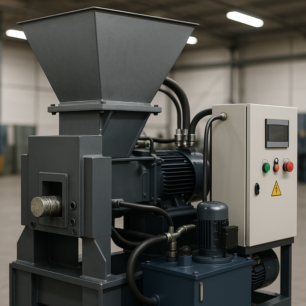 Metal Briquetting System Overview Close-up view of a metal briquetting system showing main components including hopper, compressing chamber, hydraulic system, and control panel in a clean industrial environment.