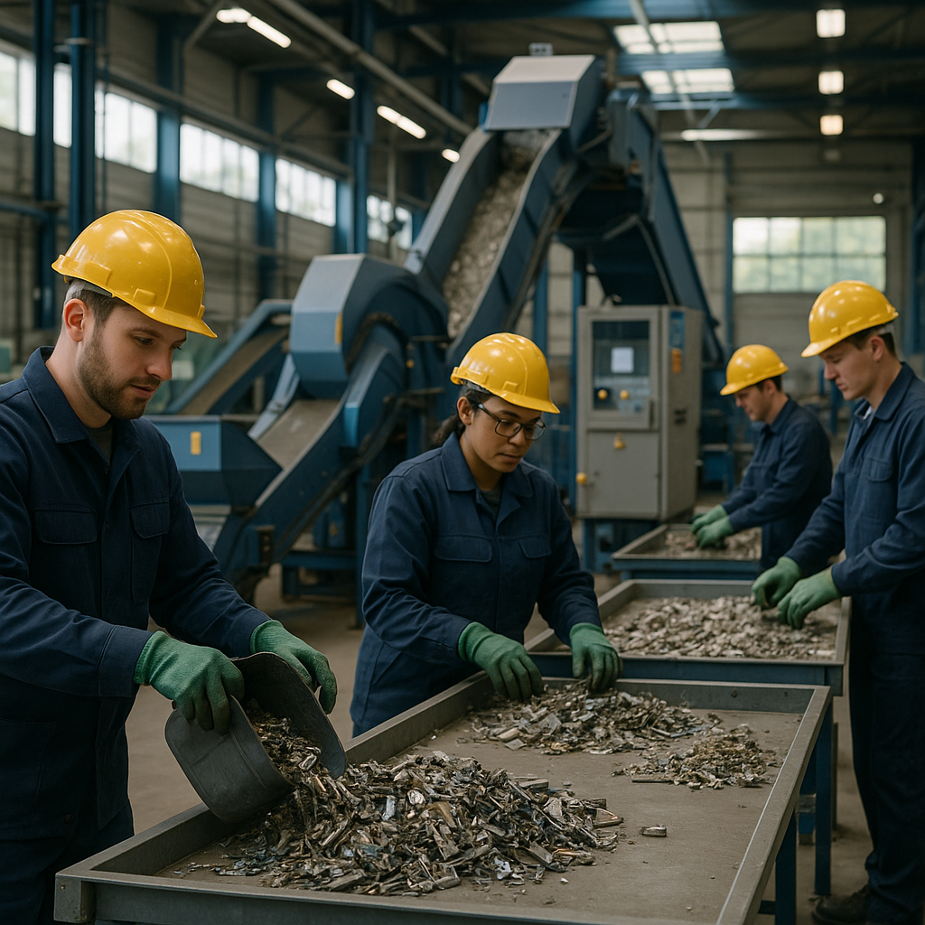 Futuristic Metal Recycling Facility A forward-looking metal recycling facility with clean operations featuring advanced machinery and workers collaborating under bright futuristic lighting, creating an atmosphere of progress.