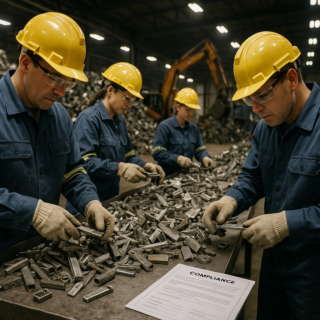 Workers Sorting Scrap Metal in Recycling Facility Workers in a recycling facility wearing safety gear, sorting scrap metal under bright lights.