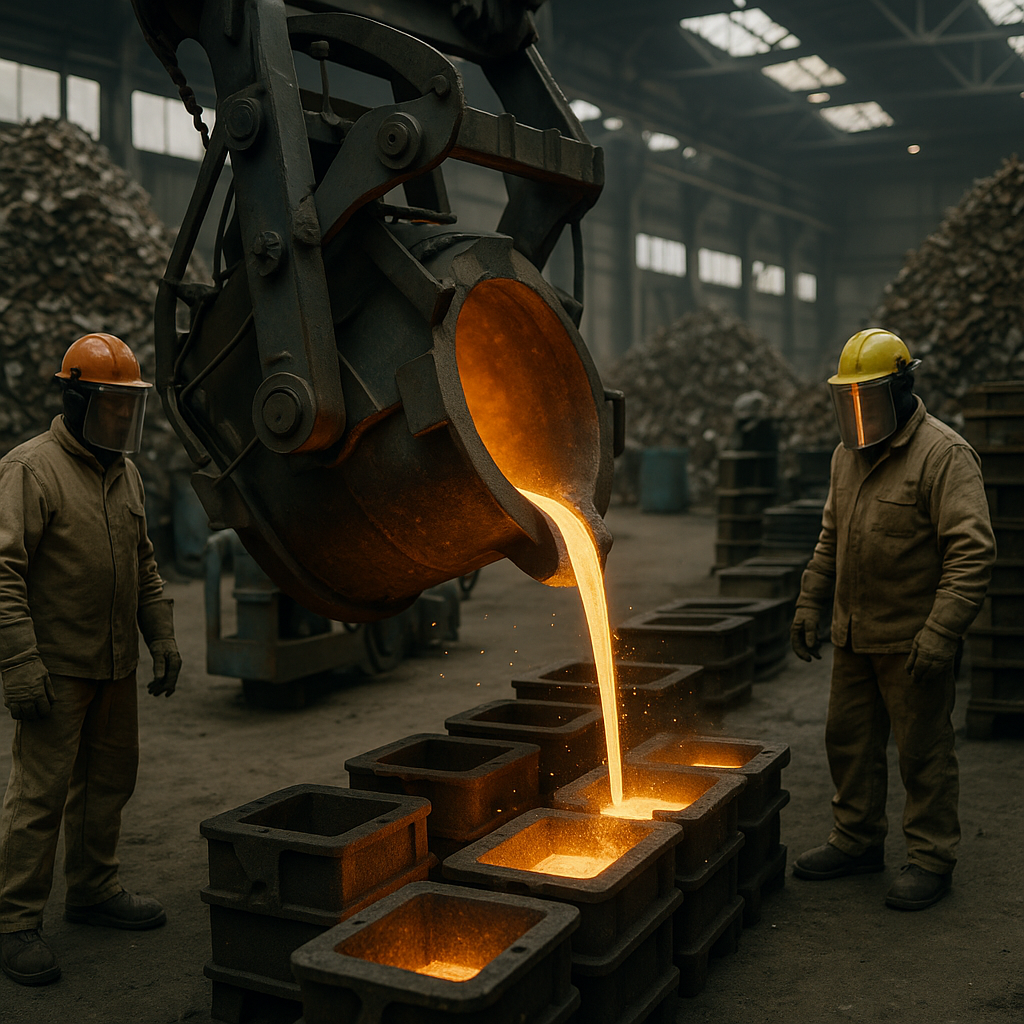 Metal Recycling and Refining Process Large machinery melting and refining metal scrap in a recycling facility with glowing molten metal being poured into molds.