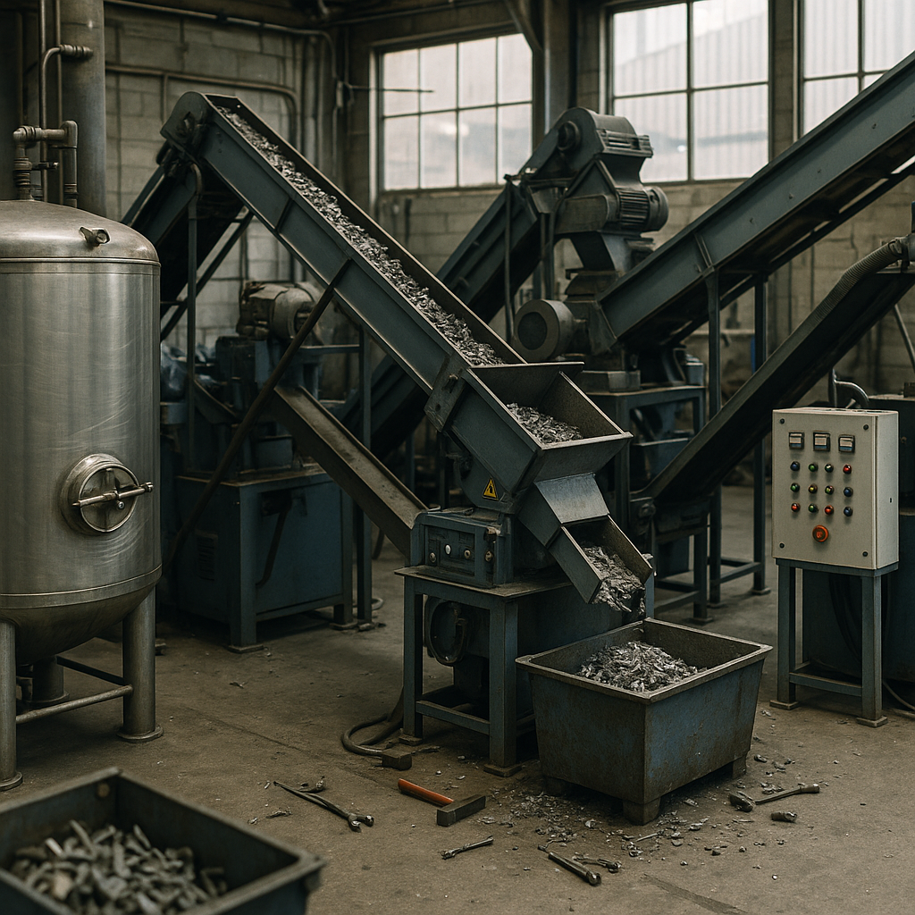 Metal recycling plant with stainless steel tanks, conveyor belts, control panels, and sorting machines.