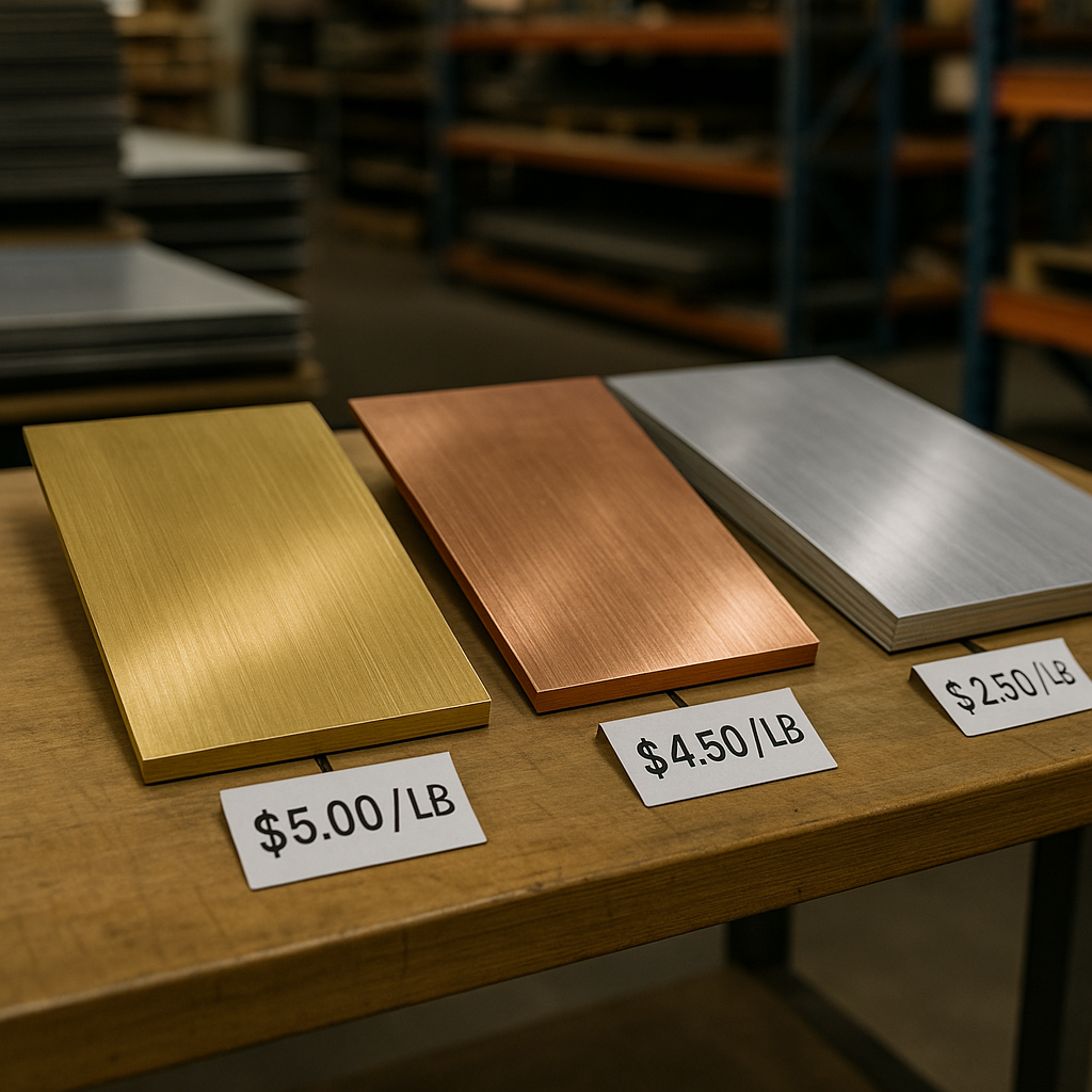 Different metal samples including yellow brass, copper, and aluminum arranged on a warehouse table with price tags displayed.