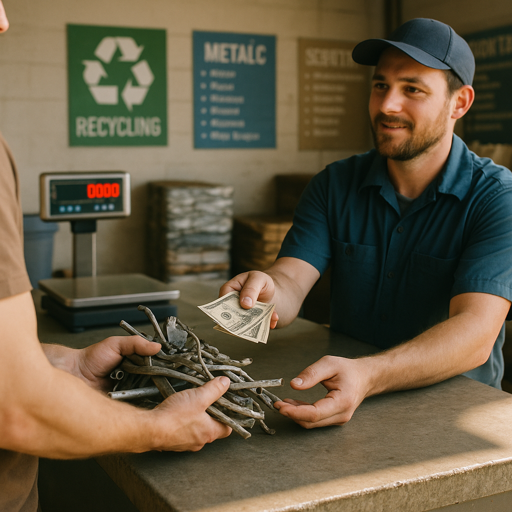 Metal Scrap Exchange at Recycling Center A person exchanging a pile of metal scraps for cash at a recycling center, with an employee handing over money.