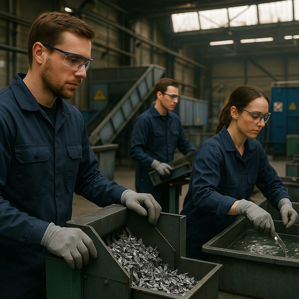 Metal Scrap Recycling Plant Operations Technicians operating industrial machines for metal scrap processing in a recycling plant.