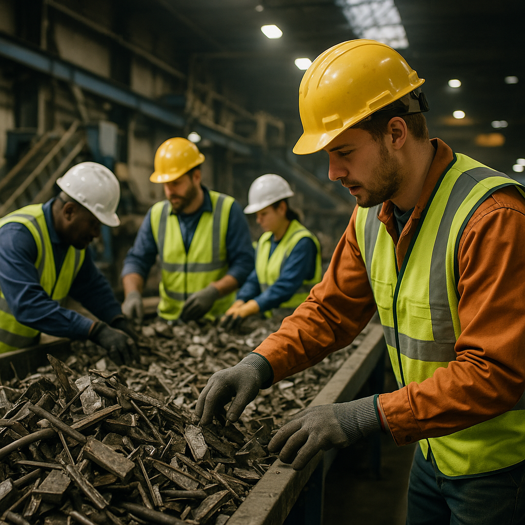 Workers wearing safety vests and helmets sorting piles of metal scrap in a well-lit industrial facility with conveyor belts and machinery in the background.