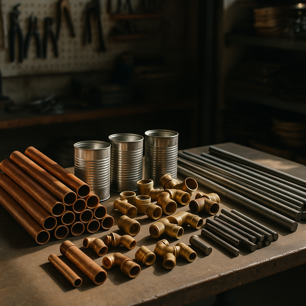 Variety of Metal Scraps on Workshop Table A variety of metal scraps including copper pipes, aluminum cans, brass fittings, and steel rods on a workshop table.