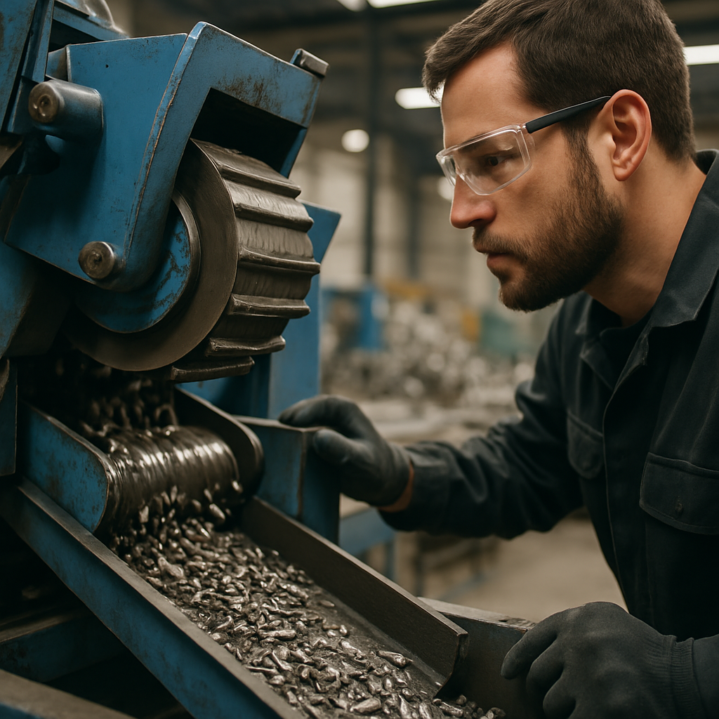 Close-up of Metal Separation Machinery in Recycling Facility Technician operating machinery to separate metal components in a recycling facility, close-up on equipment extracting metals with an industrial background.