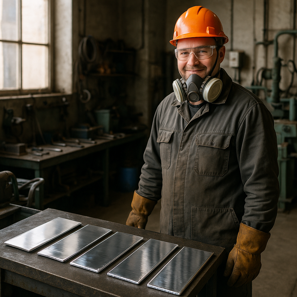 Shiny Metal Sheets Arranged on Workbench Shiny pure metal sheets freshly recovered from electrowinning cells, arranged neatly on an industrial workbench with a satisfied worker looking on.