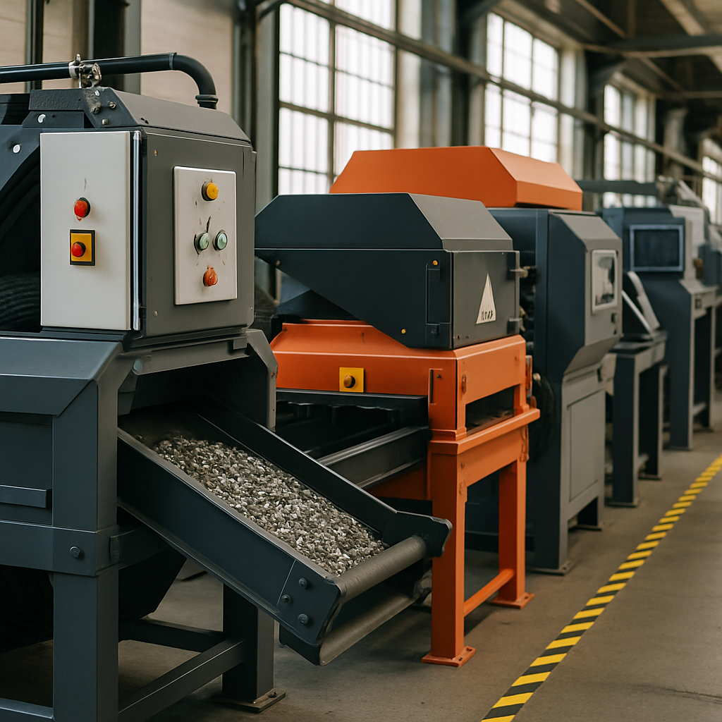 Metal Sorting Equipment in Modern Industrial Facility Row of advanced recycling machines and magnetic separators focusing on metal sorting equipment in a modern industrial facility.
