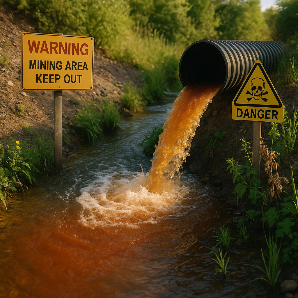 Wastewater from a mining site flowing into a nearby stream, with visible warning signs and surrounding greenery, highlighting the environmental impact.