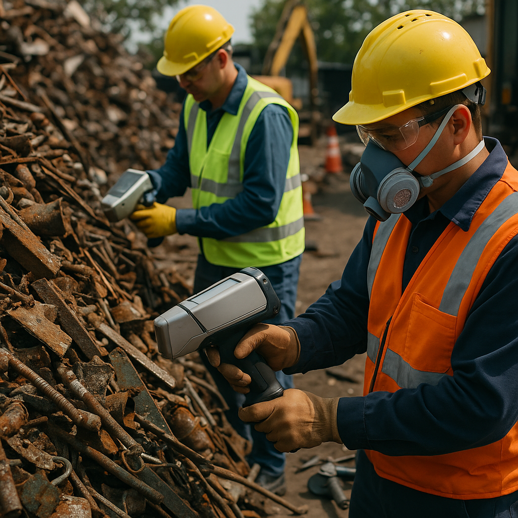 Inspection of Metal Scrap in Recycling Yard Close-up of mixed metal scrap piles with visible rust and contamination, workers inspecting with testing equipment in a busy recycling yard.