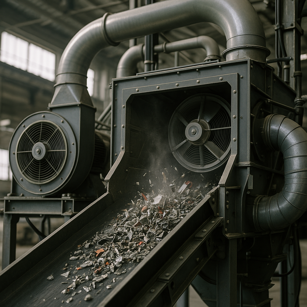 Close-up of a modern air classification machine with conveyor belt and fans.