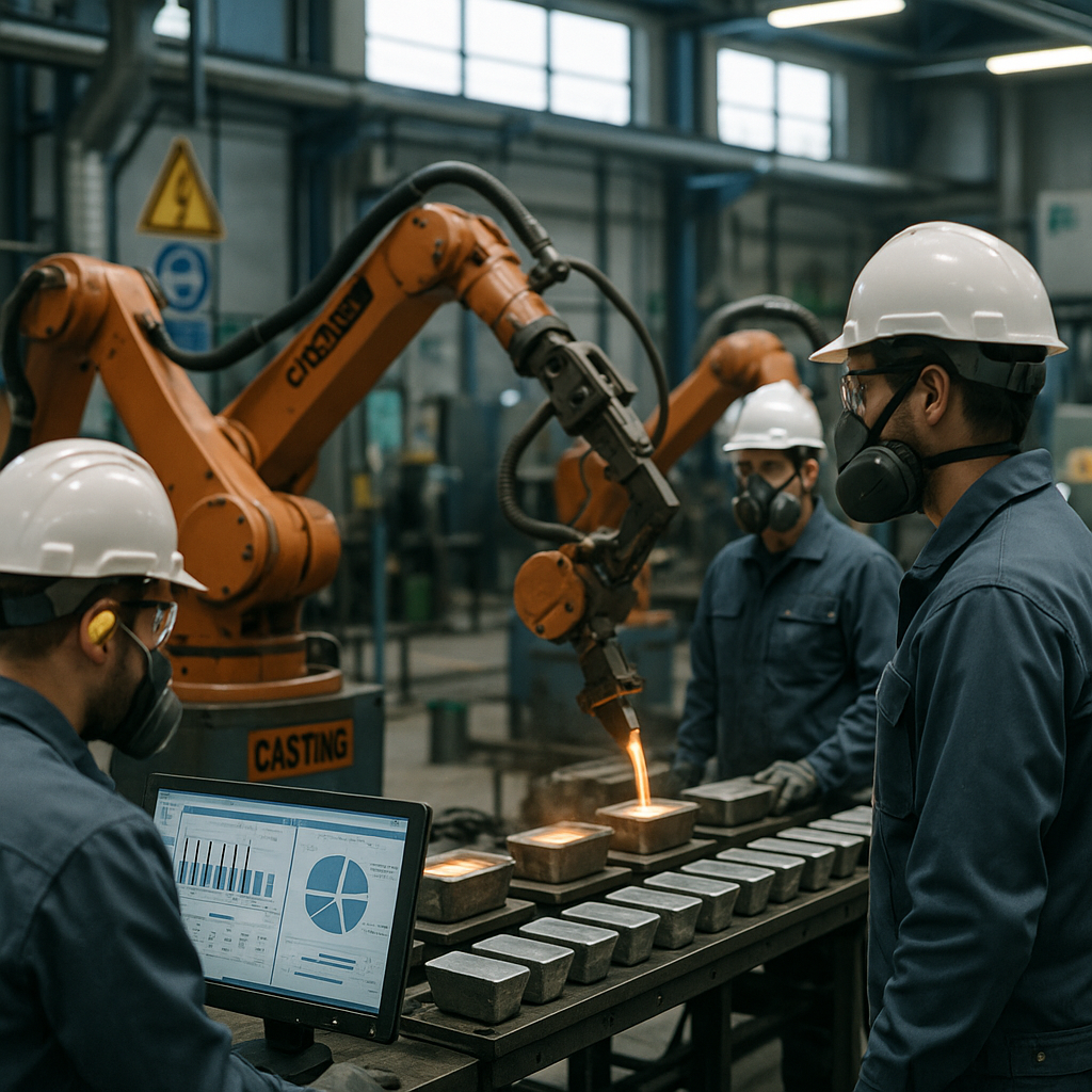 Advanced Automated Factory Scene A modern factory scene featuring advanced automated casting robots producing metal ingots, with workers monitoring the machines under bright and optimistic lighting.