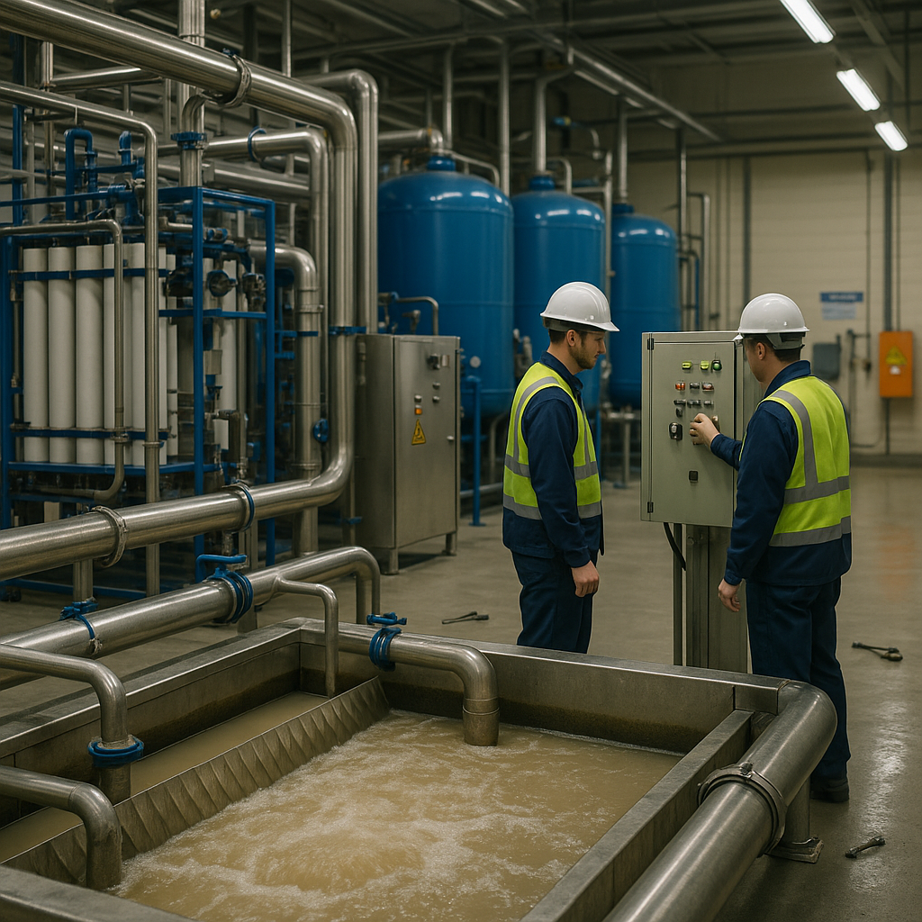 Modern Industrial Wastewater Treatment Facility Modern industrial facility with large tanks and filtration units processing cloudy wastewater, featuring workers monitoring control panels and metallic pipes.