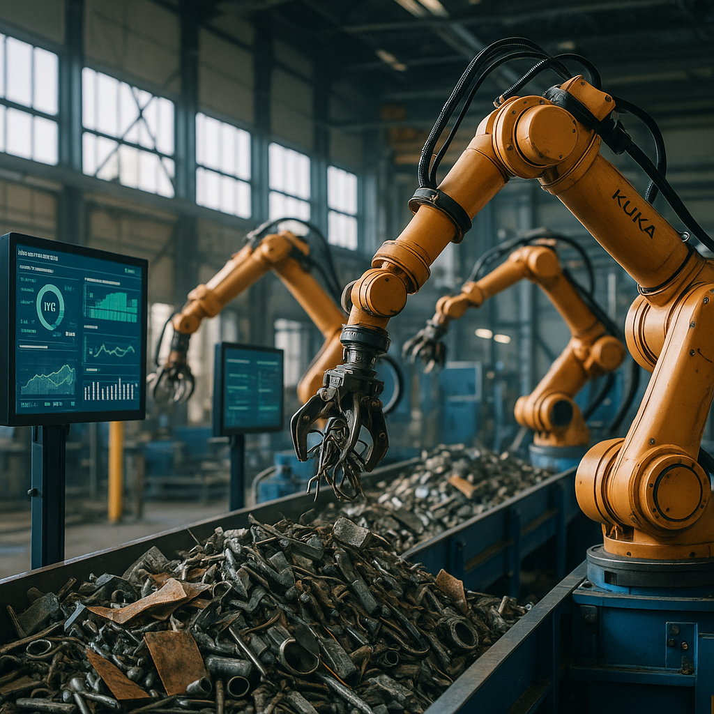 Futuristic Metal Recycling Plant Modern metal recycling plant with robotic arms and digital screens.