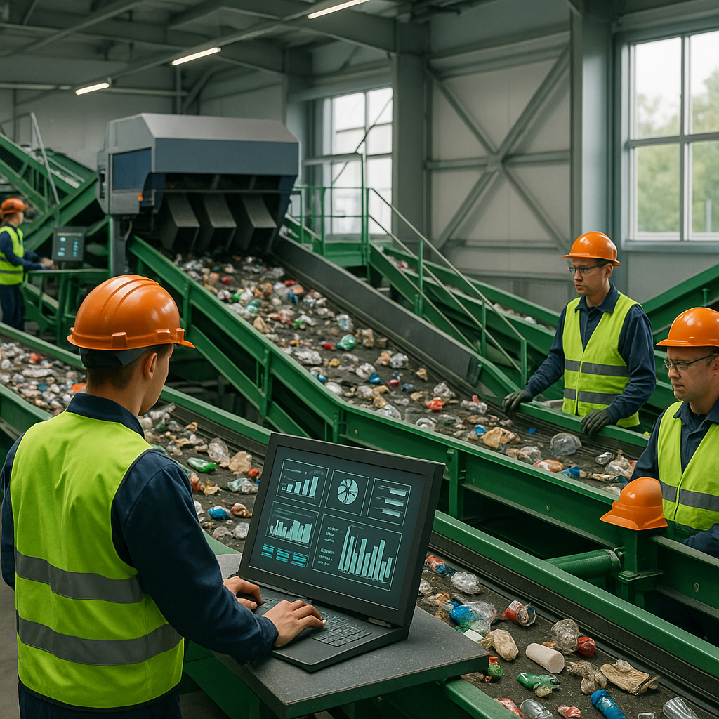 Modern Recycling Center with Advanced Technology Modern recycling center with automated conveyor belts and advanced sorting machines, featuring workers monitoring digital screens in a clean atmosphere.