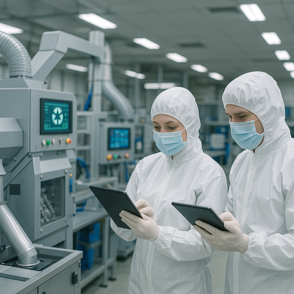 Futuristic Recycling Facility with Advanced Technology Modern recycling facility with engineers monitoring processes using tablets.