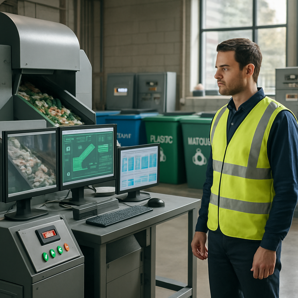 Modern Recycling Facility with Advanced Machinery Modern recycling facility with advanced machinery and a technician overseeing computer displays, symbolizing innovation and sustainability.