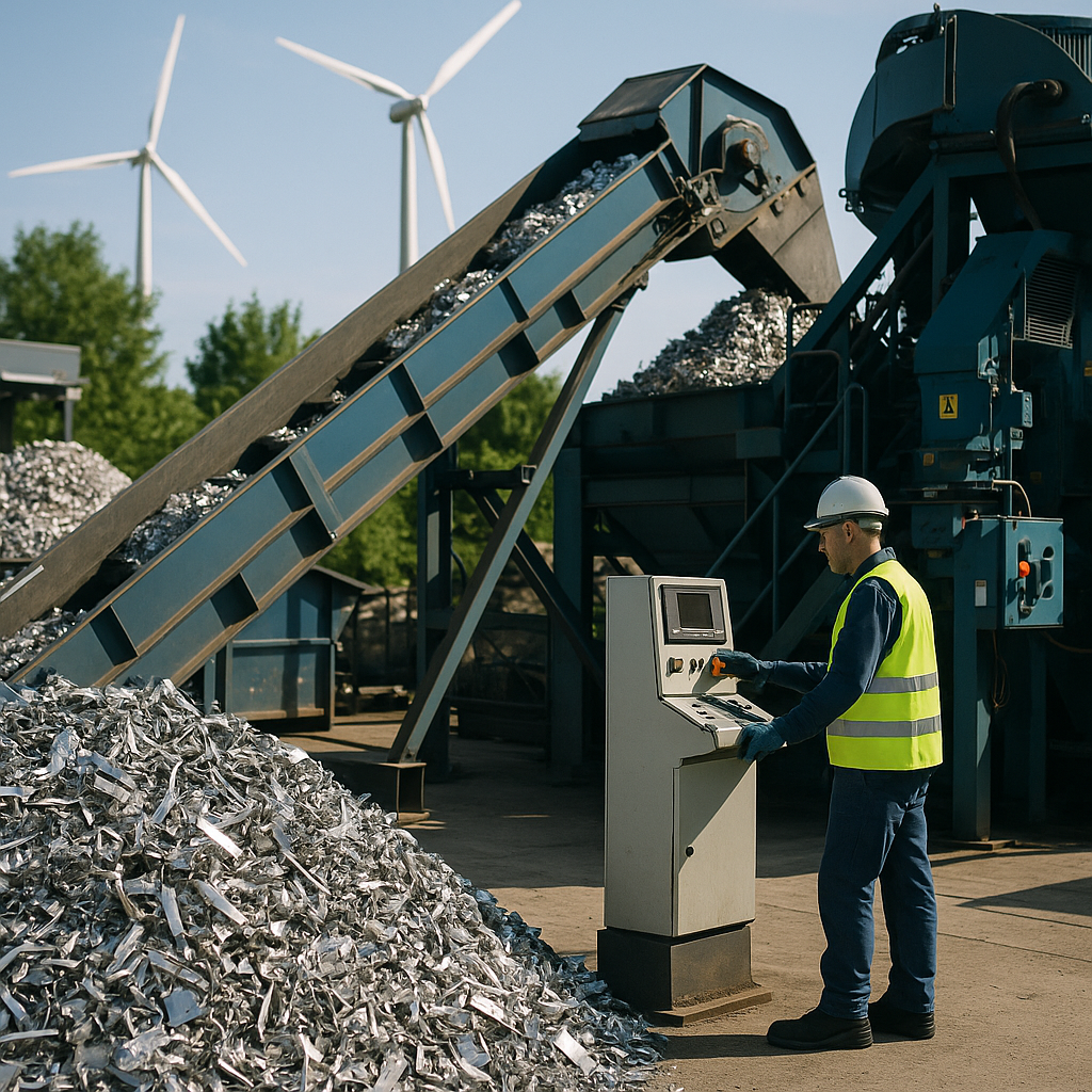 Innovation in Recycling Modern recycling facility showcasing advanced machinery and clean processed metal, with wind turbines and green plants in the background under sunlight.