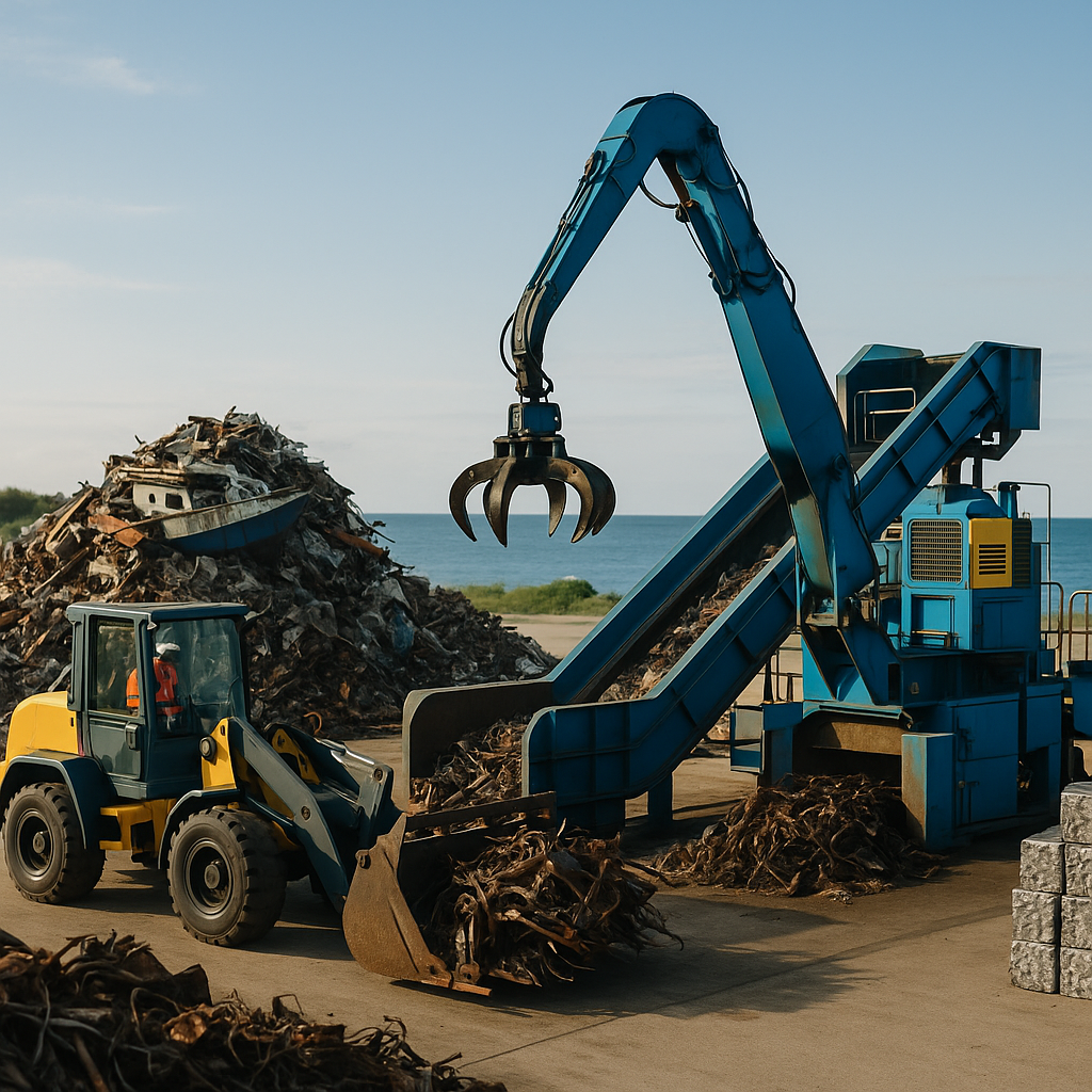 Advanced Marine Scrap Metal Recycling Facility Modern recycling facility by the coast with advanced machines processing marine scrap metal under clear skies.