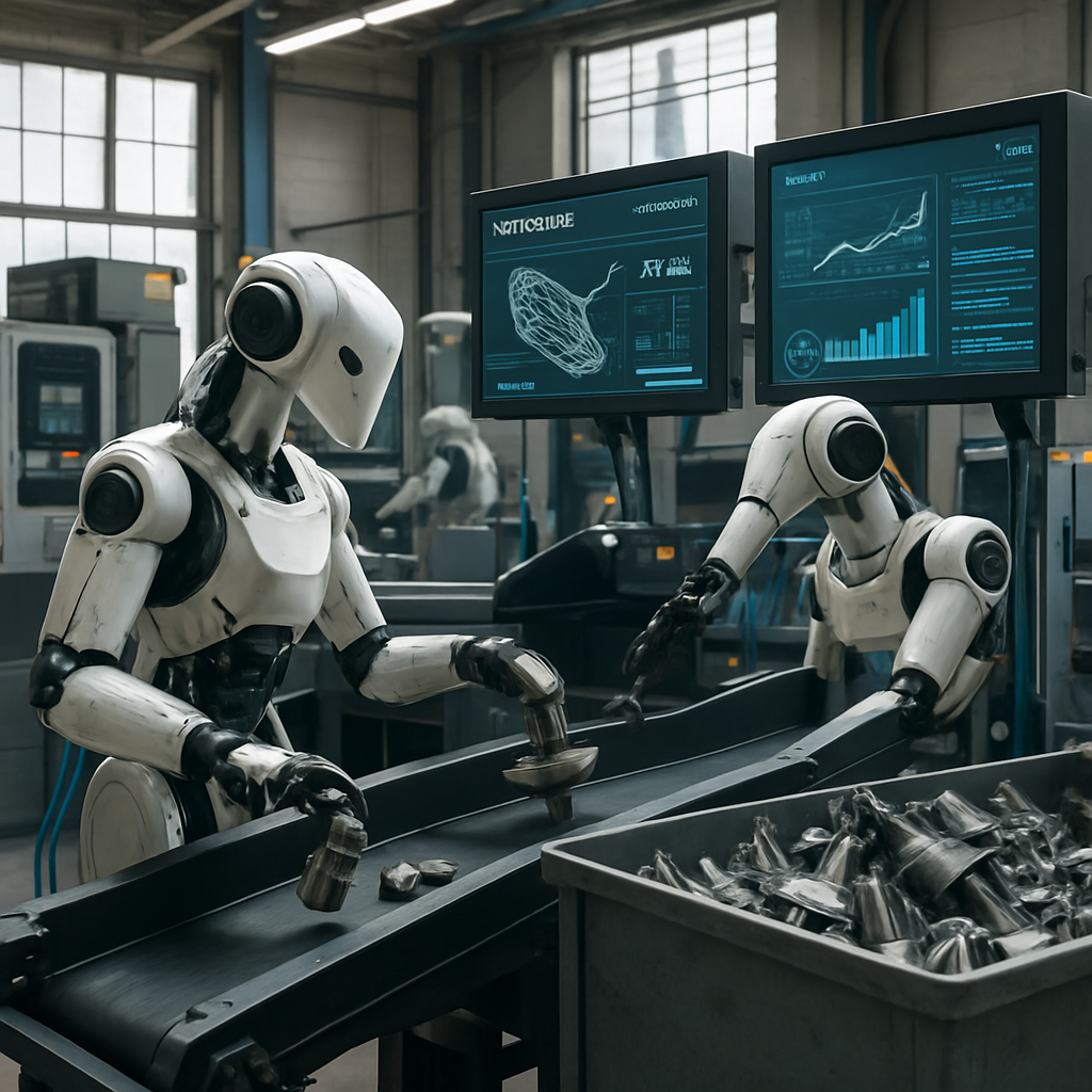 Advanced Recycling Facility with Robotics Modern recycling facility with advanced robots sorting aerospace metal scrap and futuristic machinery with digital screens monitoring progress.