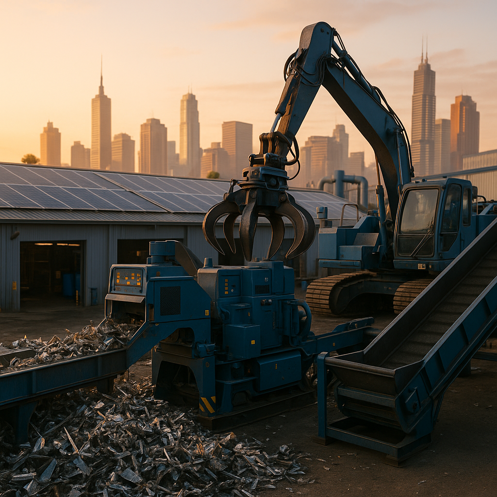 Modern Recycling Facility at Sunrise Modern recycling facility with advanced machinery sorting metal, solar panels on roof, city skyline in background during sunrise.