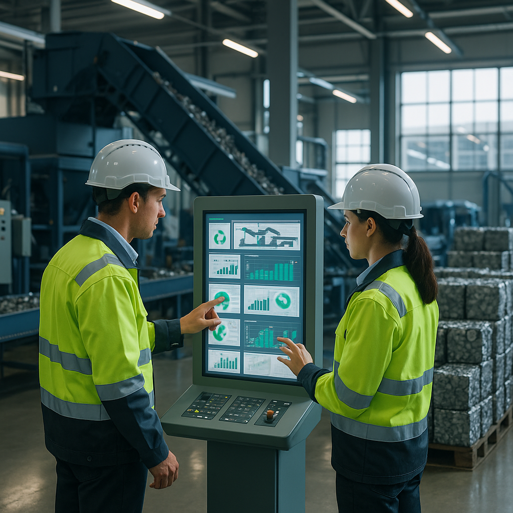Futuristic Recycling Plant Modern recycling plant with advanced machinery and engineers analyzing digital screens in a futuristic environment.