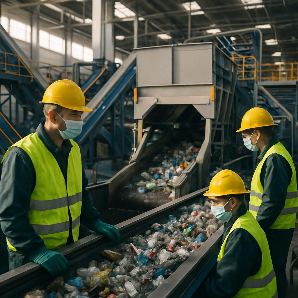 Modern Recycling Plant with Advanced Sorting Modern recycling plant with automated machines and workers overseeing an advanced sorting process in a sunlit and clean facility.