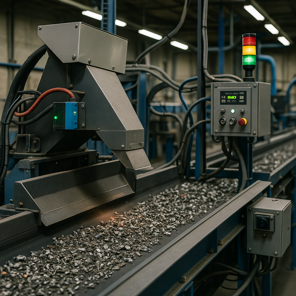 Modern recycling plant with automated machines and sensors sorting metal fragments on a fast-moving conveyor, focusing on high-tech equipment.