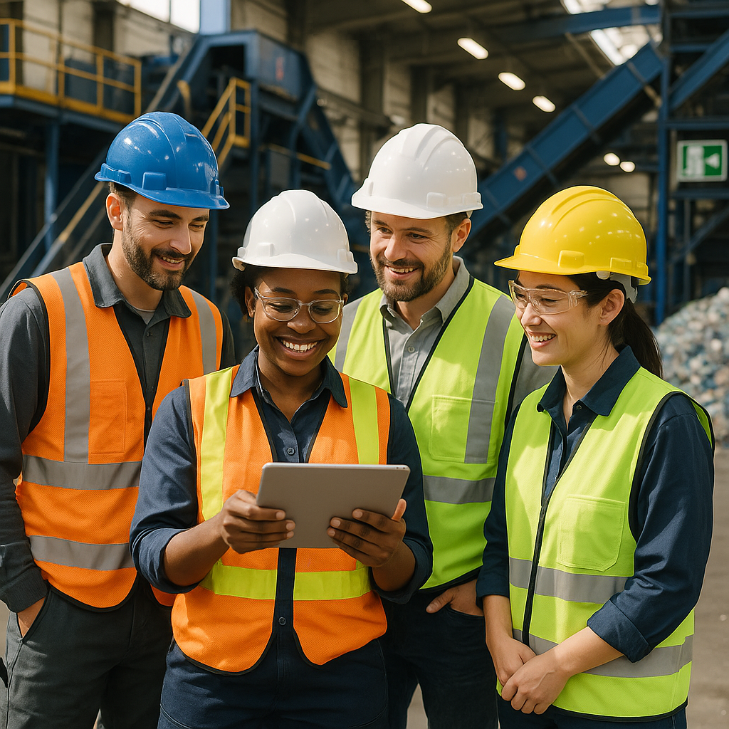 Modern Recycling Plant with Safety Features and Collaborative Team A modern recycling plant featuring advanced safety features with a diverse team discussing plans on a digital tablet, showcasing a bright and optimistic atmosphere.