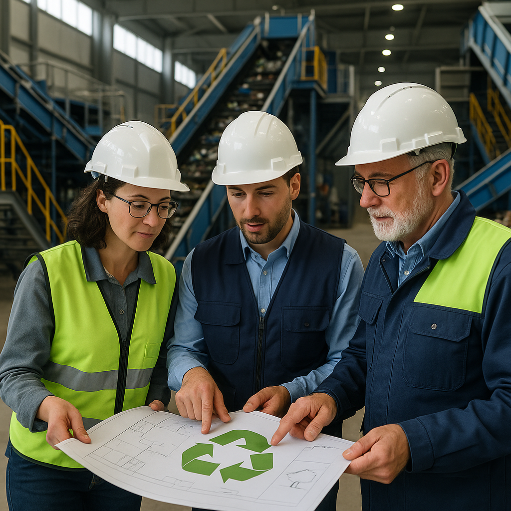 Discussion on Eco-Friendly Plans in a Modern Recycling Plant Modern recycling plant featuring advanced automated sorting systems and clean surroundings, with engineers discussing eco-friendly plans over blueprints.