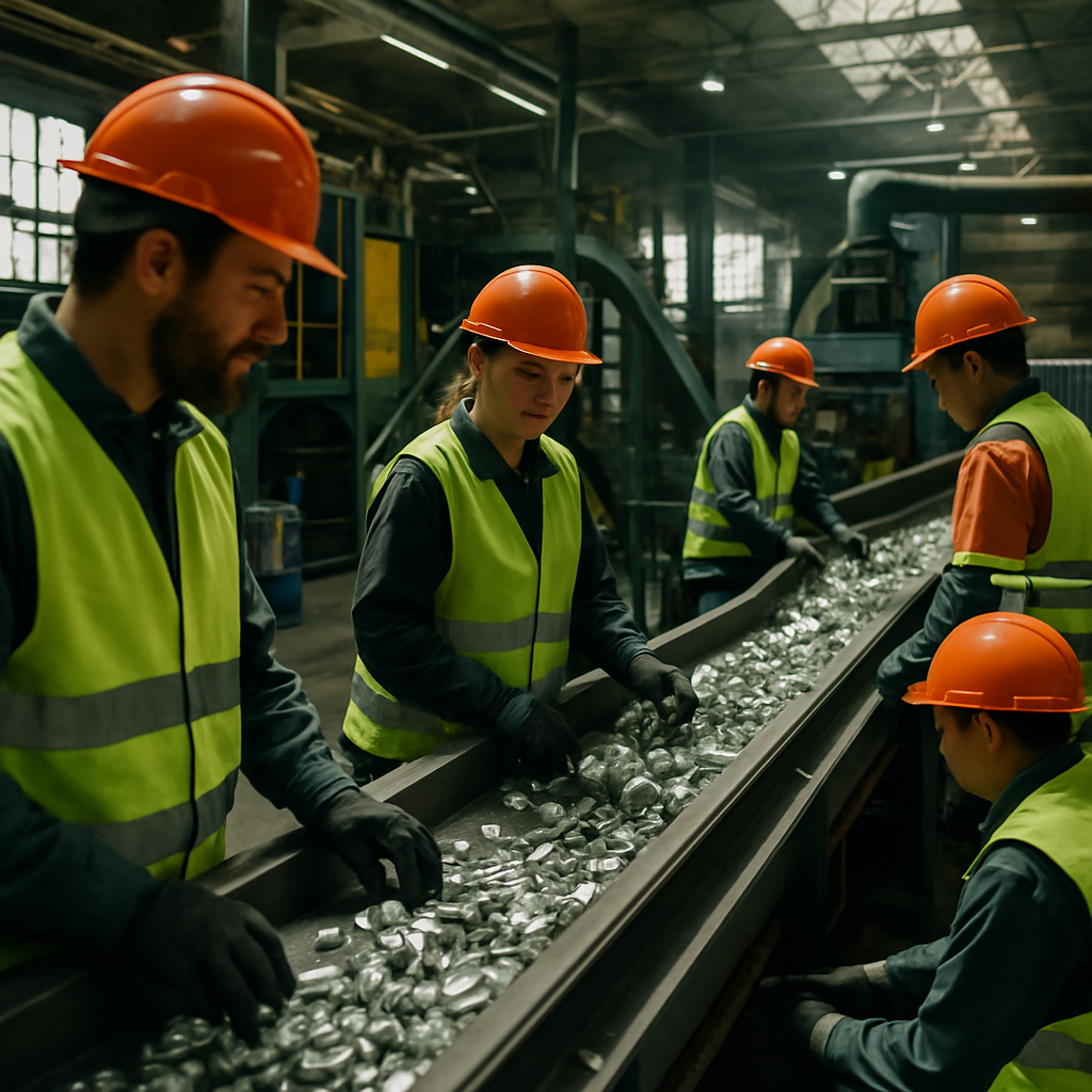 Recycling Plant Processing Metal Components Modern recycling plant with conveyor belts processing shiny metal components and daylight streaming through windows