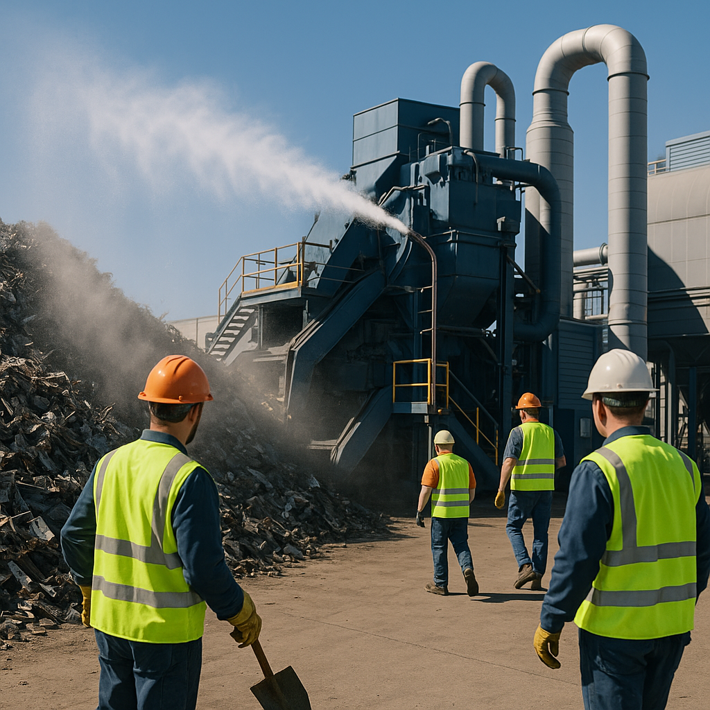 Modern Scrap Processing Plant with Dust Control Modern scrap processing plant with advanced dust control technologies and mist systems, featuring workers in high-visibility vests under a blue sky.
