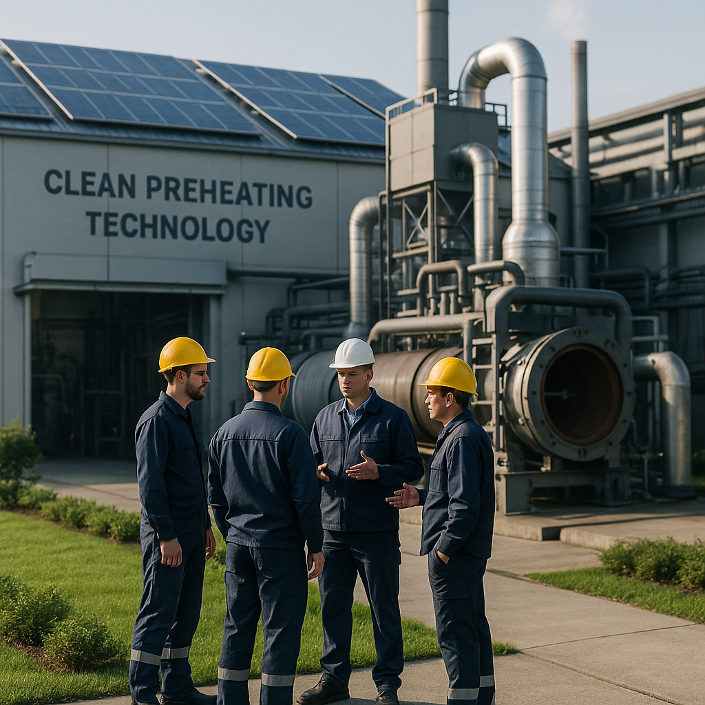 Modern Steel Plant with Innovative Green Technology Modern steel plant featuring clean preheating technology, solar panels on the roof, and green space outside with workers discussing near advanced machinery.