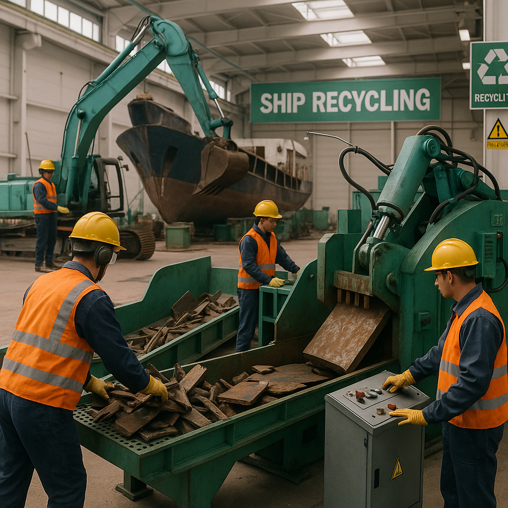 Advanced Ship Recycling Facility Modern ship recycling facility featuring advanced equipment and a clean work environment with workers operating machines safely. Demonstrating green technology in a bright and optimistic atmosphere.