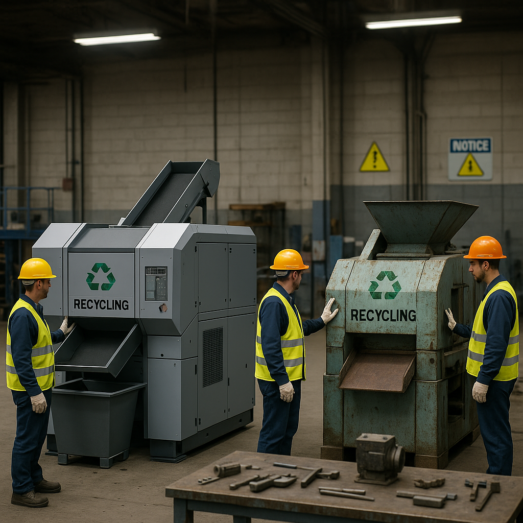 Comparison of Recycling Technologies Side-by-side view of an advanced modular metal recycling unit next to older bulky recycling machinery in a spacious warehouse with workers inspecting both systems.
